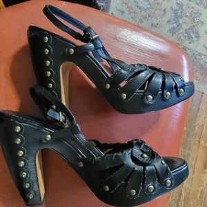 BCBGMaxAzria Black Strappy Heels with Gold Accents